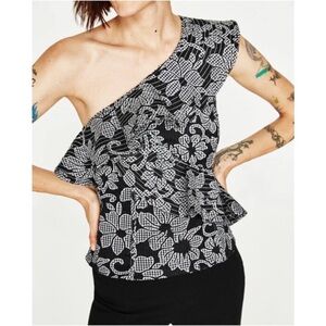 NWT Zara Black and White Floral One-Shoulder Blouse with corset bodice bottom